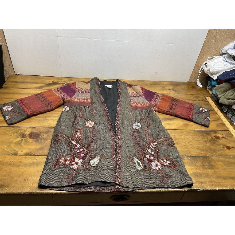 Soft Surroundings Embroidered Gray Sweater Jacket with Rust and Purple Accents